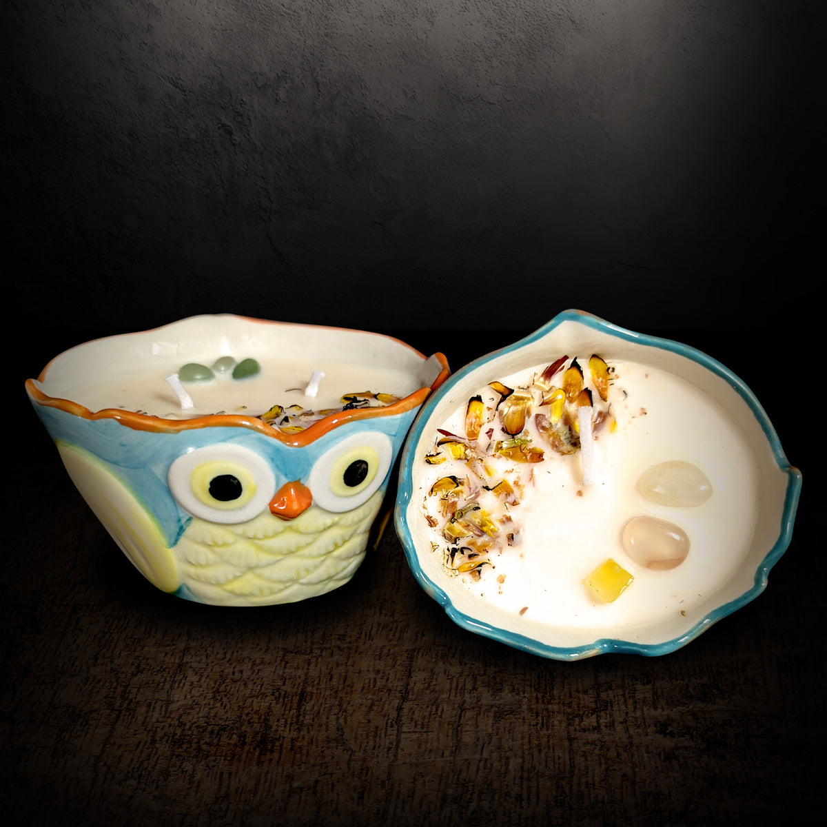 Pair of owl shaped ceramic candles on a dark background, one standing upright and one tipped onto its side to show the wax surface with dried petals and stones