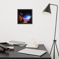 Perform for the Gods framed luster print by iain, smaller square black framed print hanging above a desk next to a black floor lamp