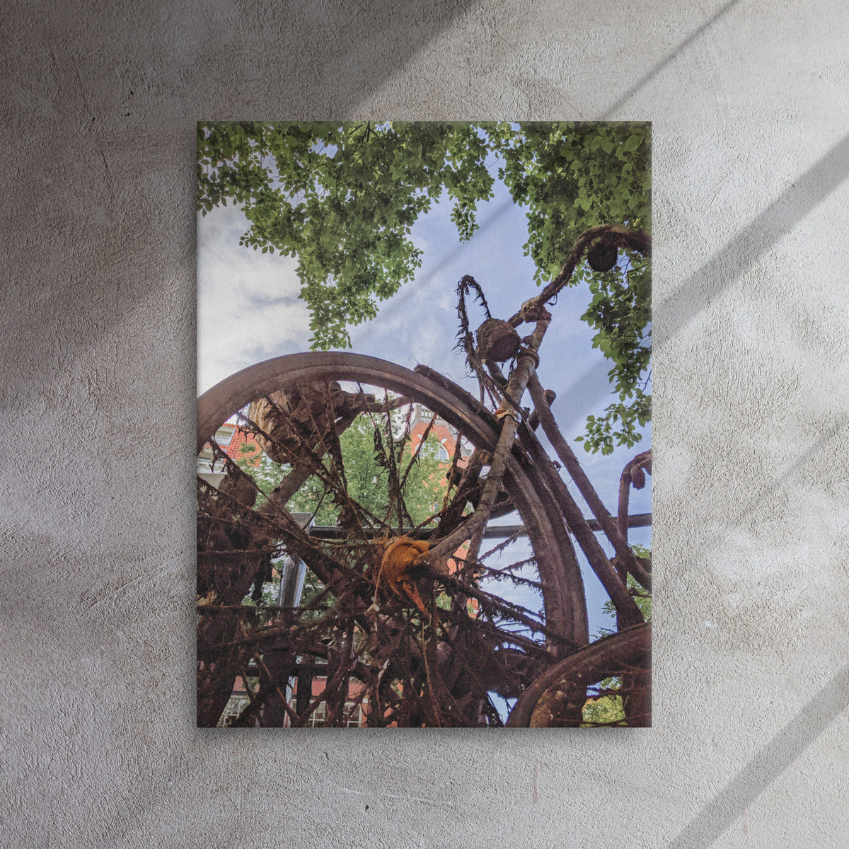 Rusty Bicycle thin canvas print by Iain Camacho, canvas hanging on a gray concrete wall