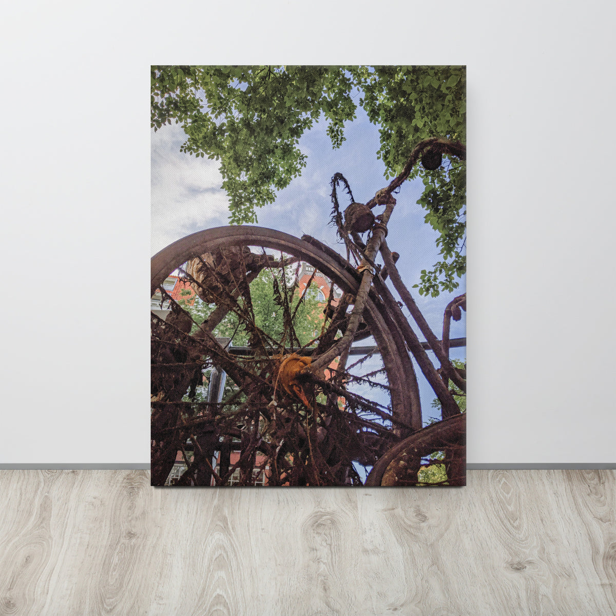 Rusty Bicycle thin canvas print by Iain Camacho, canvas hanging on a white wall above a light wood floor
