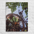 Rusty Bicycle thin canvas print by Iain Camacho, canvas hanging on a white brick wall