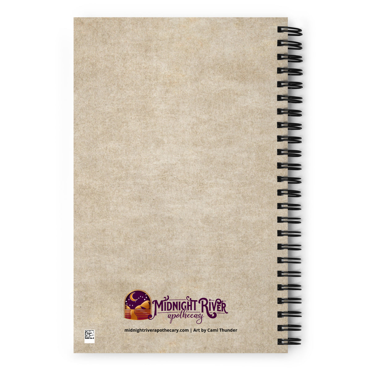 Back cover of the Watchful Nature notebook, textured tan background with the Midnight River Apothecary logo, QR code, and the credit line "Art by Cami Thunder"