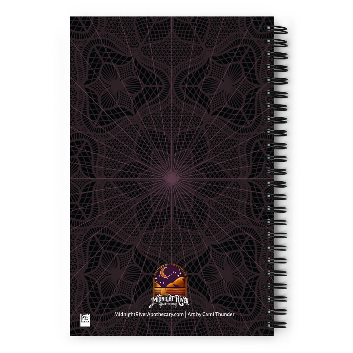 Back cover of the Witchy Shit notebook, dark lace pattern with the Midnight River Apothecary logo, QR code, and the credit line "Art by Cami Thunder"