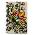 Watchful Nature spiral notebook front cover, hand-drawn flowers and vines in green, gold, and coral with a blue eye at the center of the largest bloom