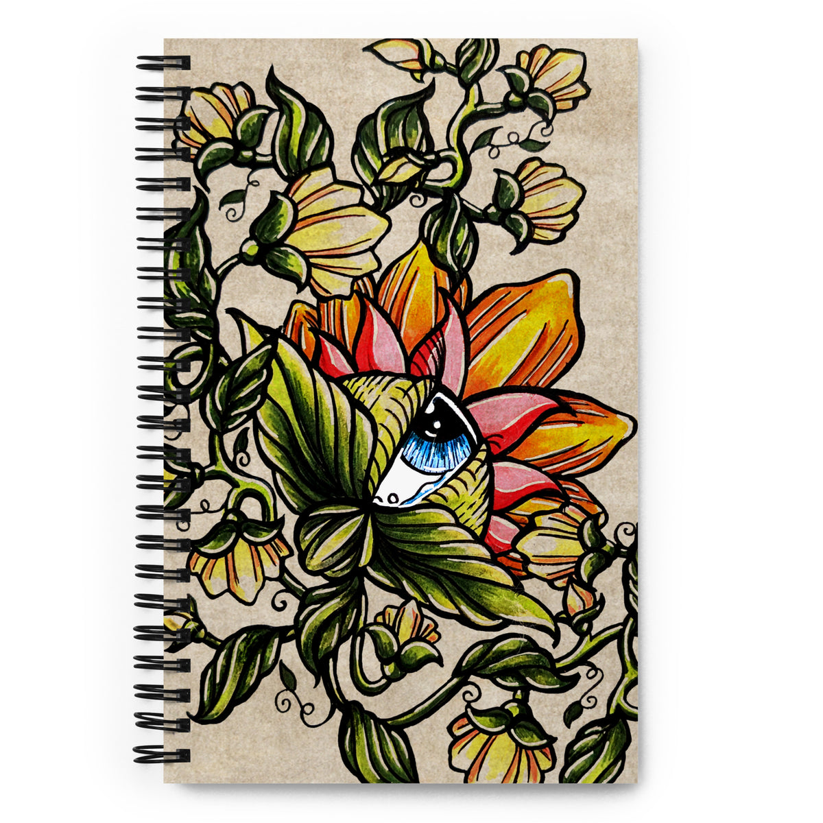 Watchful Nature spiral notebook front cover, hand-drawn flowers and vines in green, gold, and coral with a blue eye at the center of the largest bloom