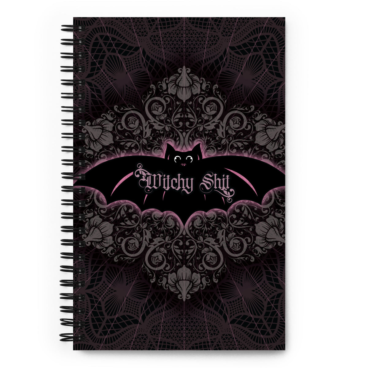 Witchy Shit spiral notebook front cover, black lace and damask in pink and grey with a bat carrying the title in gothic lettering across the center