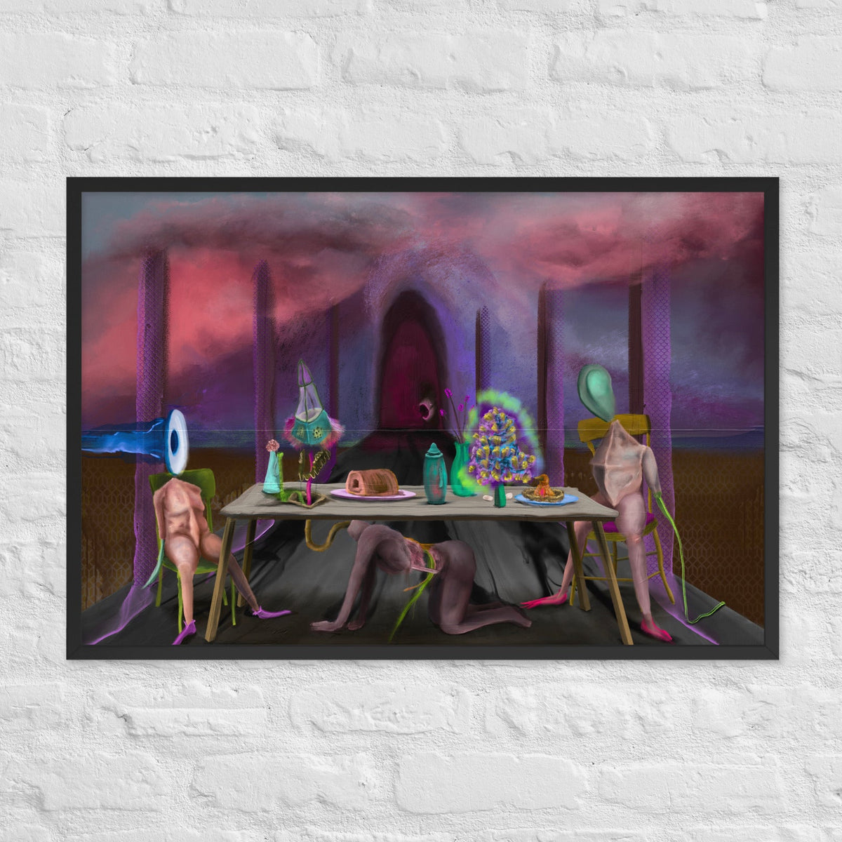 The Crass Supper by Fish, framed luster print of pale figures seated around a long table set with food beneath a pink and purple arched interior, hanging on a white brick wall