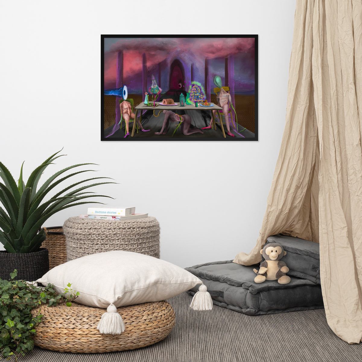 The Crass Supper framed luster print hanging above a floor cushion, woven basket, and potted plant with a curtain at the edge of the frame