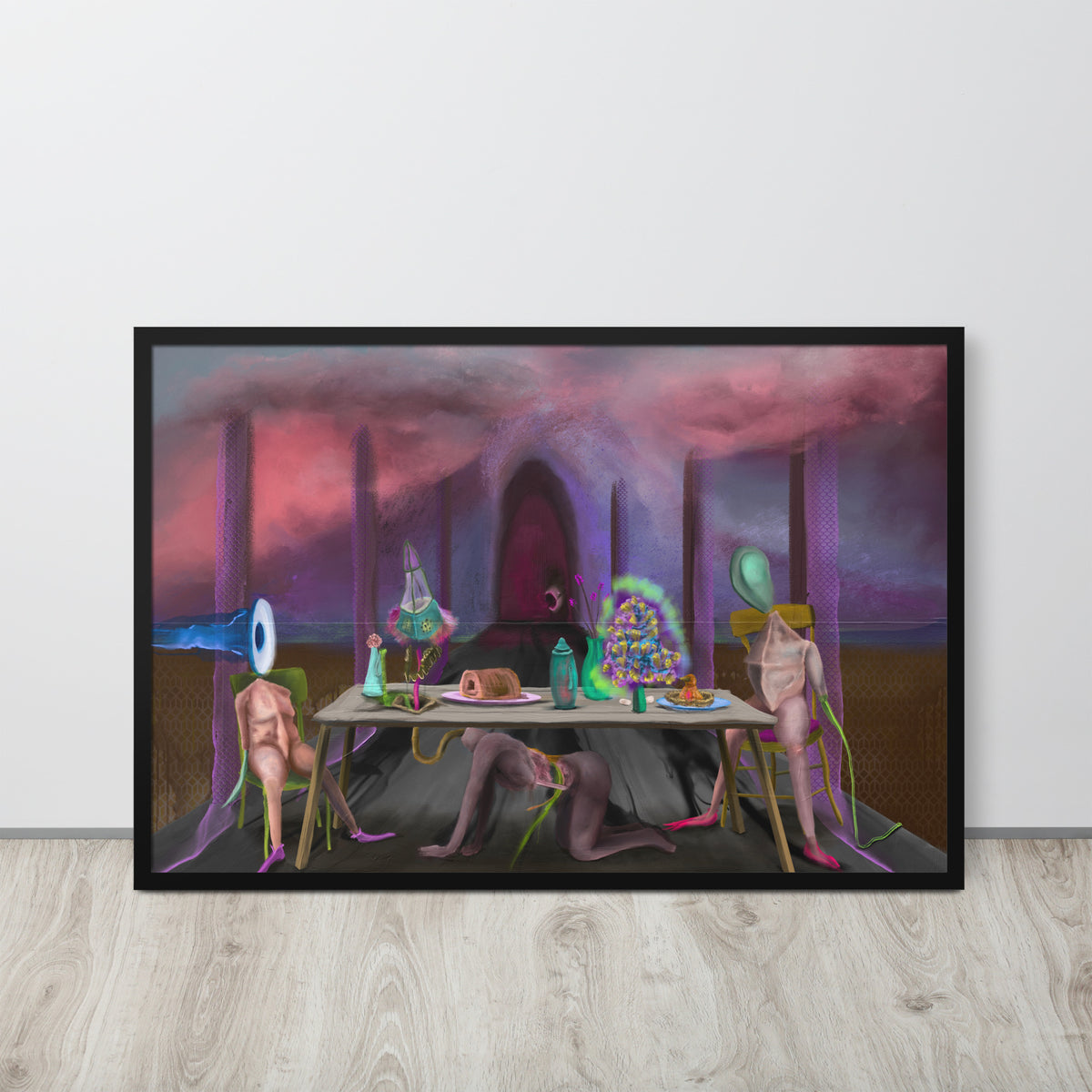 The Crass Supper framed luster print hanging on a white wall above a light wood floor