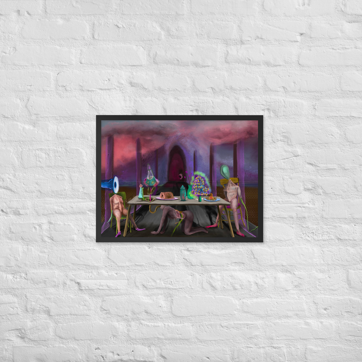 The Crass Supper framed luster print hanging alone on a white brick wall