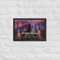 The Crass Supper framed luster print hanging on a white brick wall, shown wider to give a sense of scale