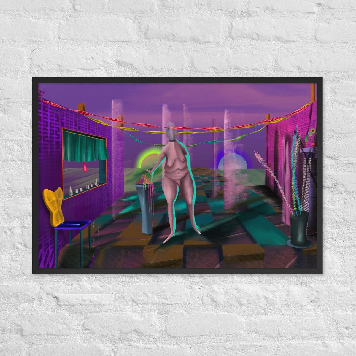 The Daemon of Discernment by Fish, framed luster print of a pale figure standing in a magenta and purple neon room with teal platforms and string lights overhead, hanging on a white brick wall