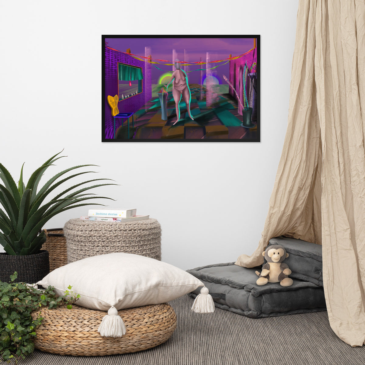 The Daemon of Discernment framed luster print hanging above a floor cushion, woven basket, and potted plant with a curtain at the edge of the frame