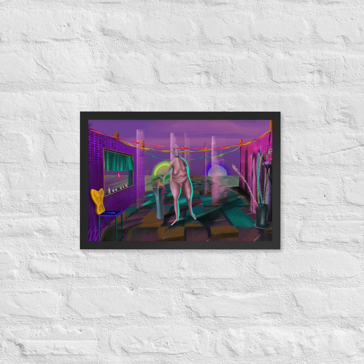 The Daemon of Discernment framed luster print hanging alone on a white brick wall
