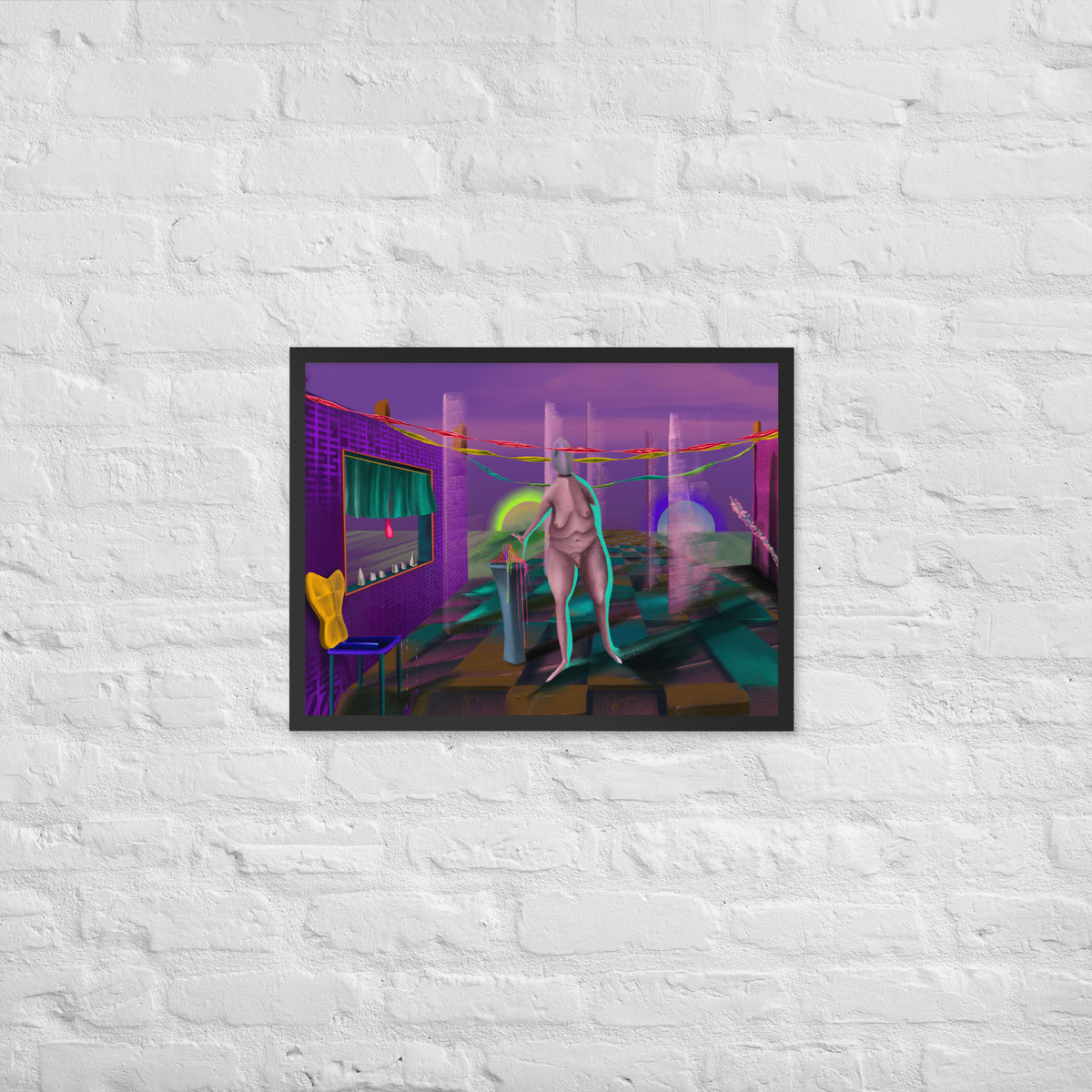 The Daemon of Discernment framed luster print hanging on a white brick wall, shown wider to give a sense of scale