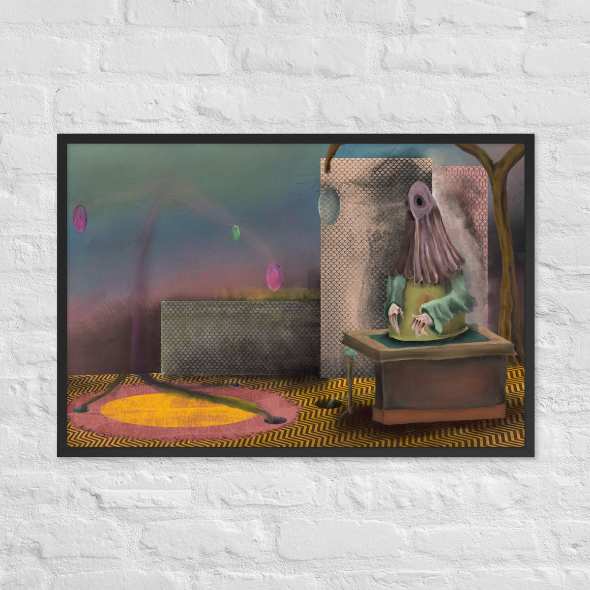 The Daemon of the Void by Fish, framed luster print of a tall draped creature standing on a wooden base in a hazy pink landscape with a dark platform and a pool of yellow light, hanging on a white brick wall