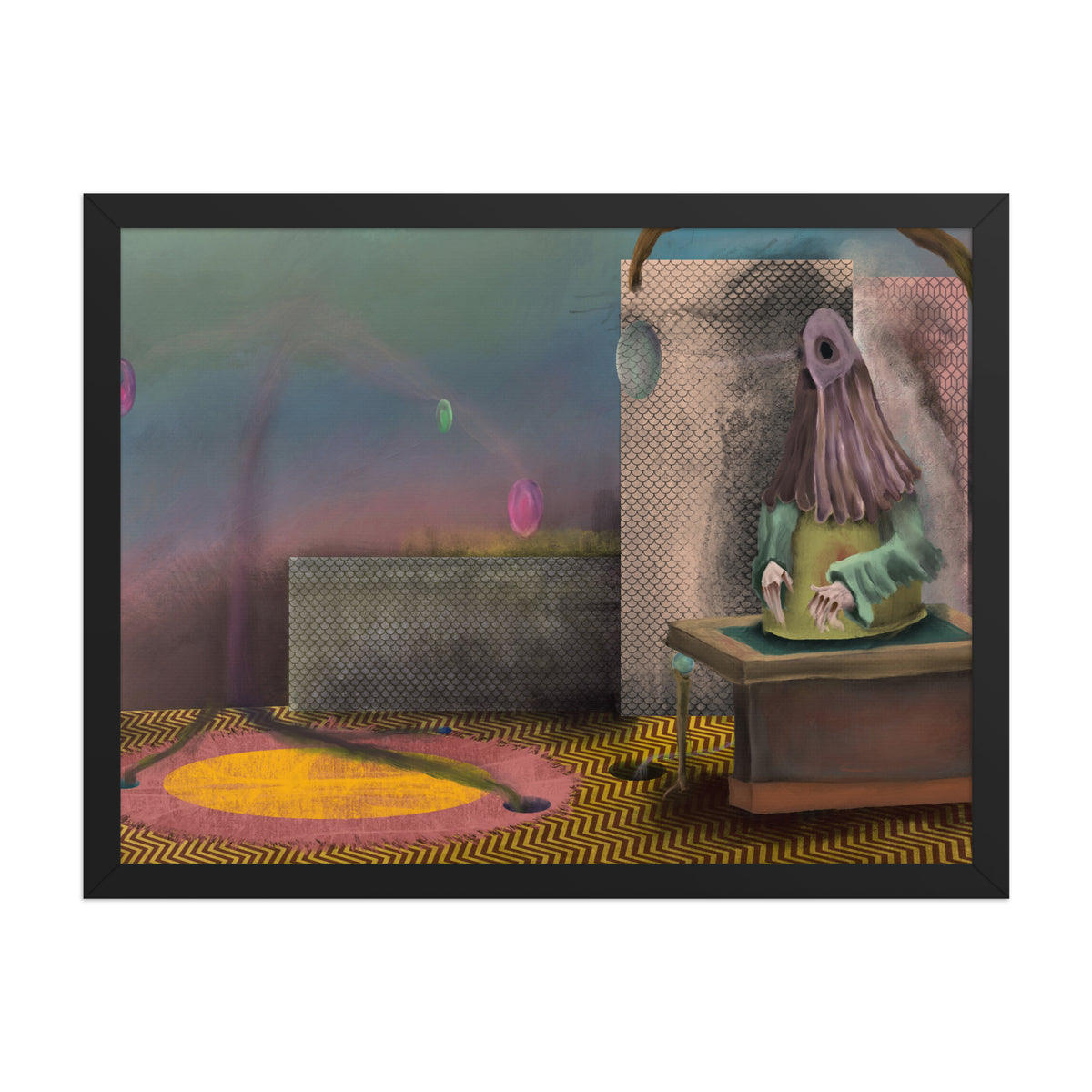 The Daemon of the Void framed luster print in a black frame, shown straight on against a plain background