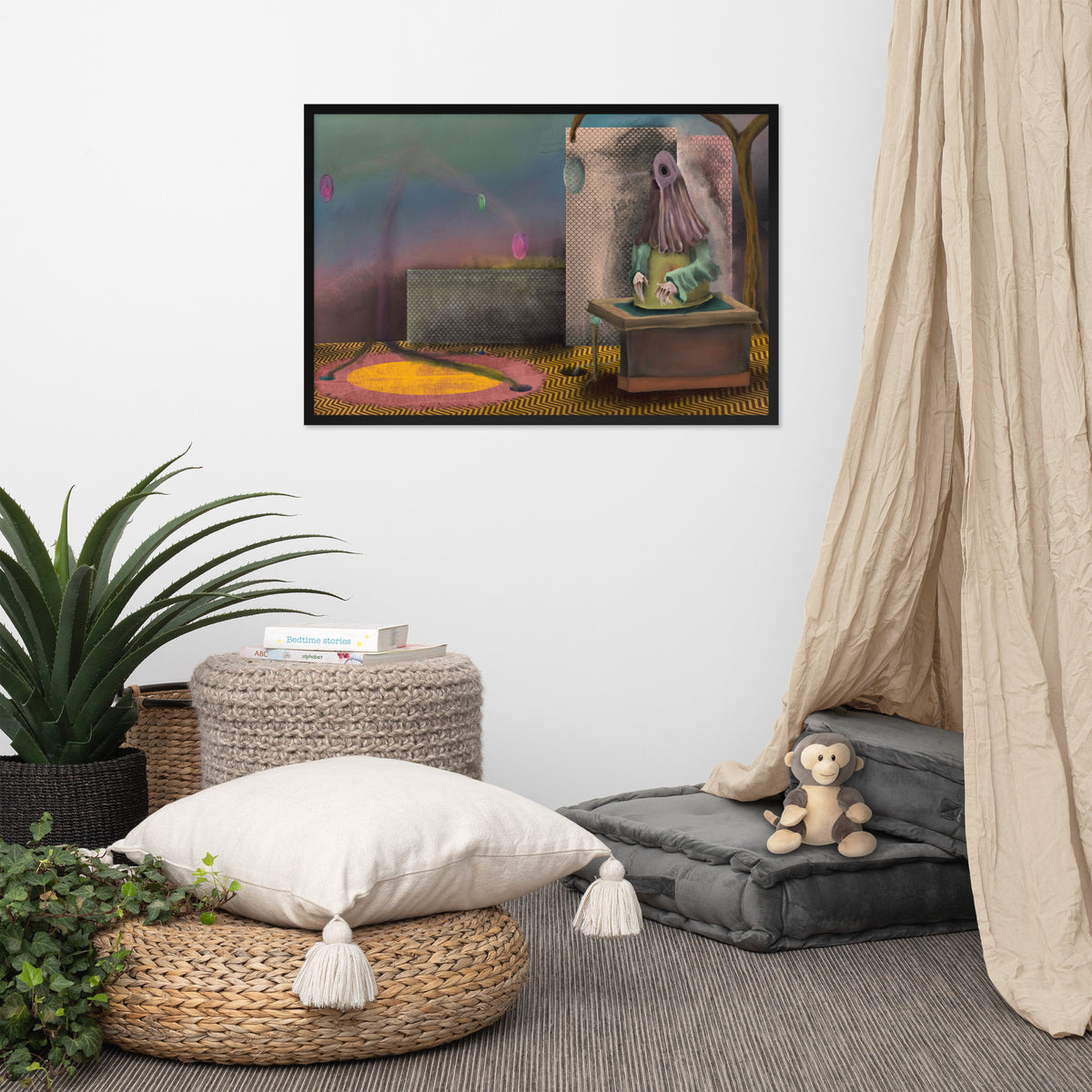 The Daemon of the Void framed luster print hanging above a floor cushion, woven basket, and potted plant with a curtain at the edge of the frame