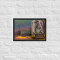The Daemon of the Void framed luster print hanging alone on a white brick wall
