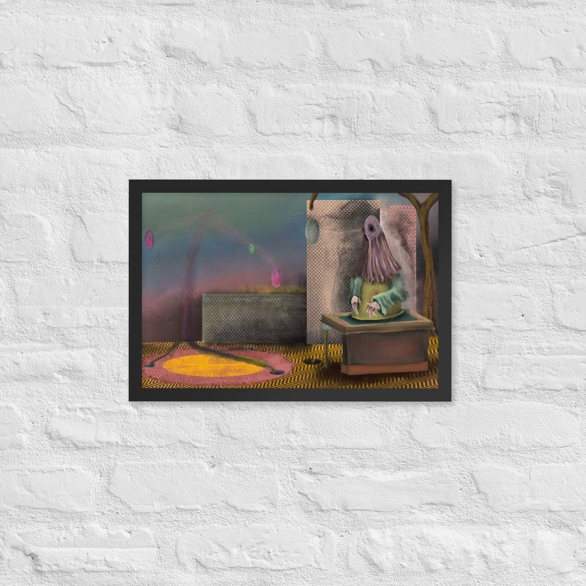The Daemon of the Void framed luster print hanging alone on a white brick wall