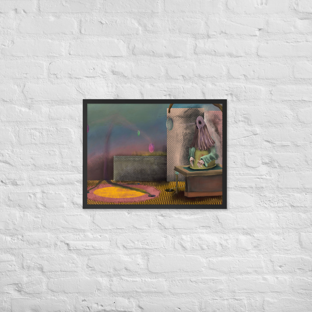 The Daemon of the Void framed luster print leaning against a white wall on a light wood floor