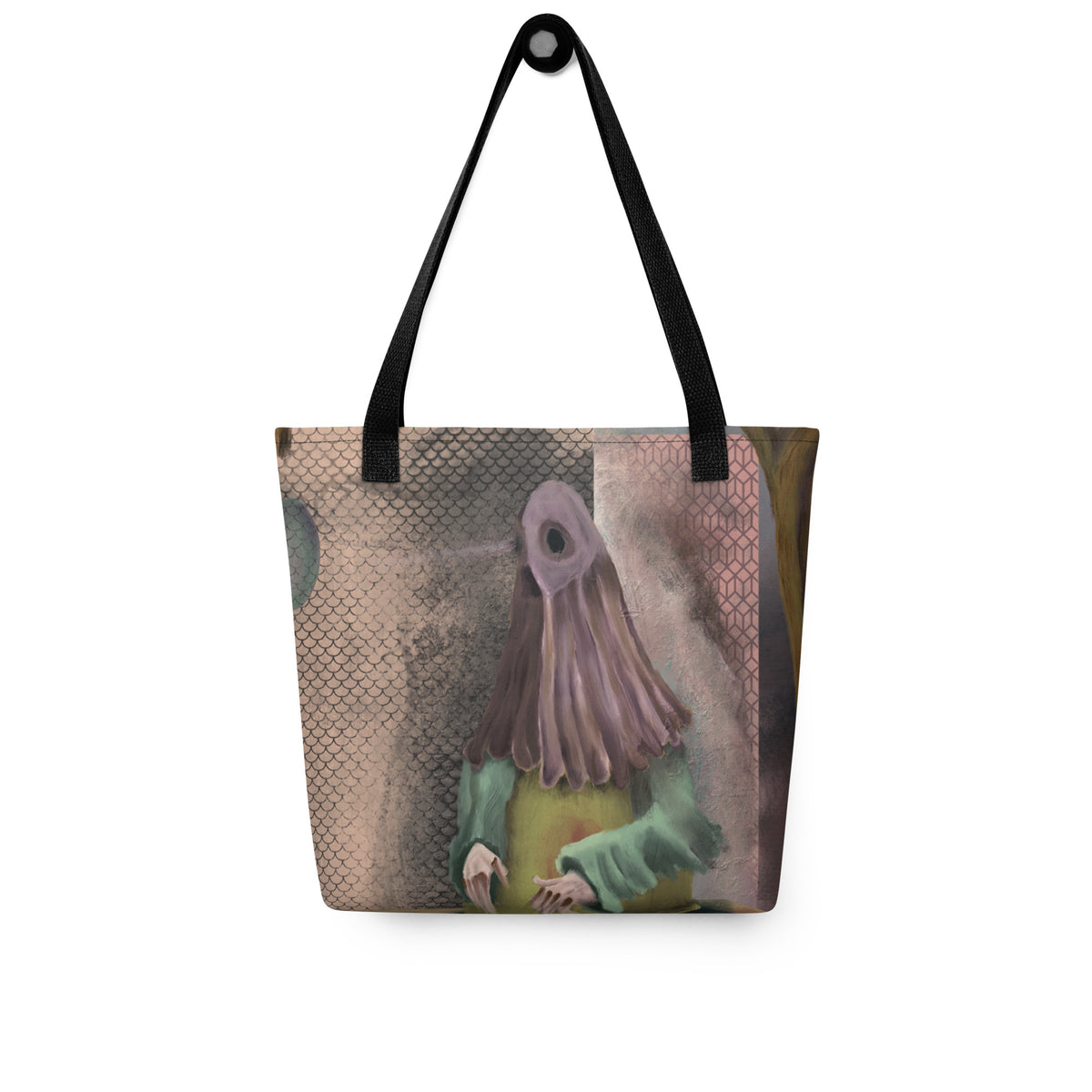 White tote bag laid flat, showing the full front graphic of the robed daemon figure and black shoulder straps.