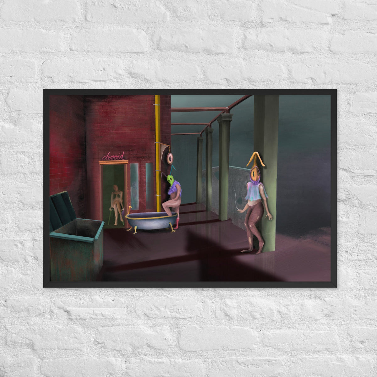 The Keeper Recruits by Fish, framed luster print of a dark red corridor with teal archways where two tall thin figures stand near an empty bench, hanging on a white brick wall