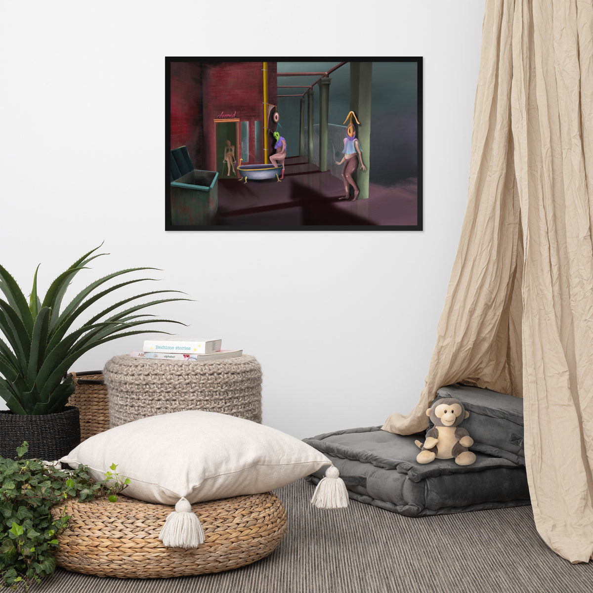The Keeper Recruits framed luster print hanging above a floor cushion, woven basket, and potted plant with a curtain at the edge of the frame