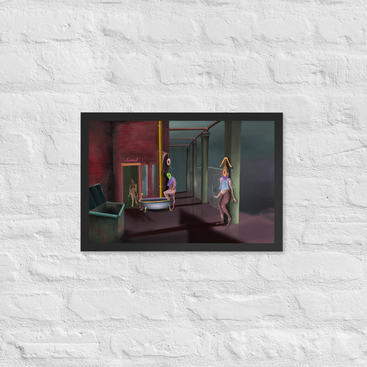 The Keeper Recruits framed luster print hanging alone on a white brick wall