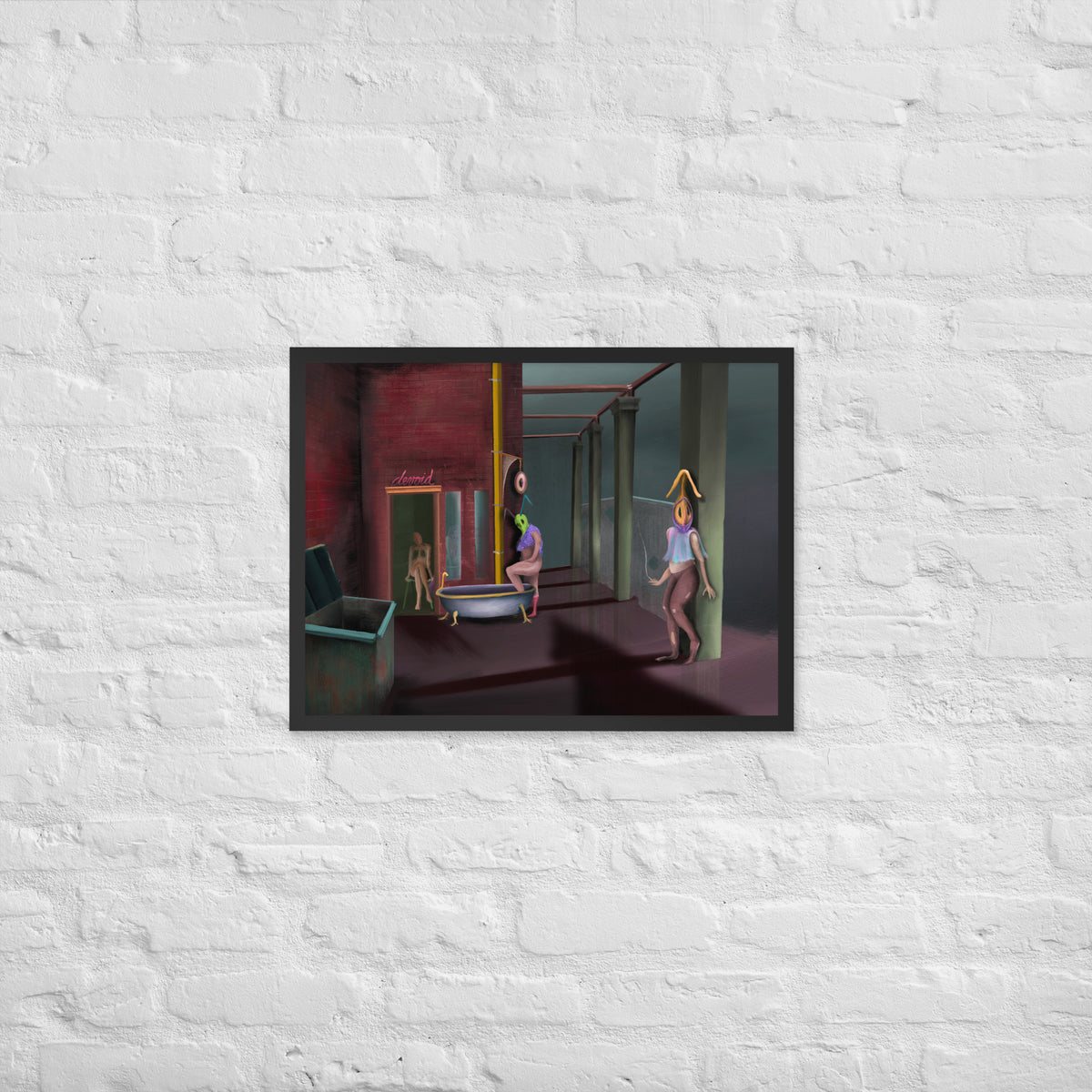 The Keeper Recruits framed luster print hanging on a white brick wall, shown wider to give a sense of scale