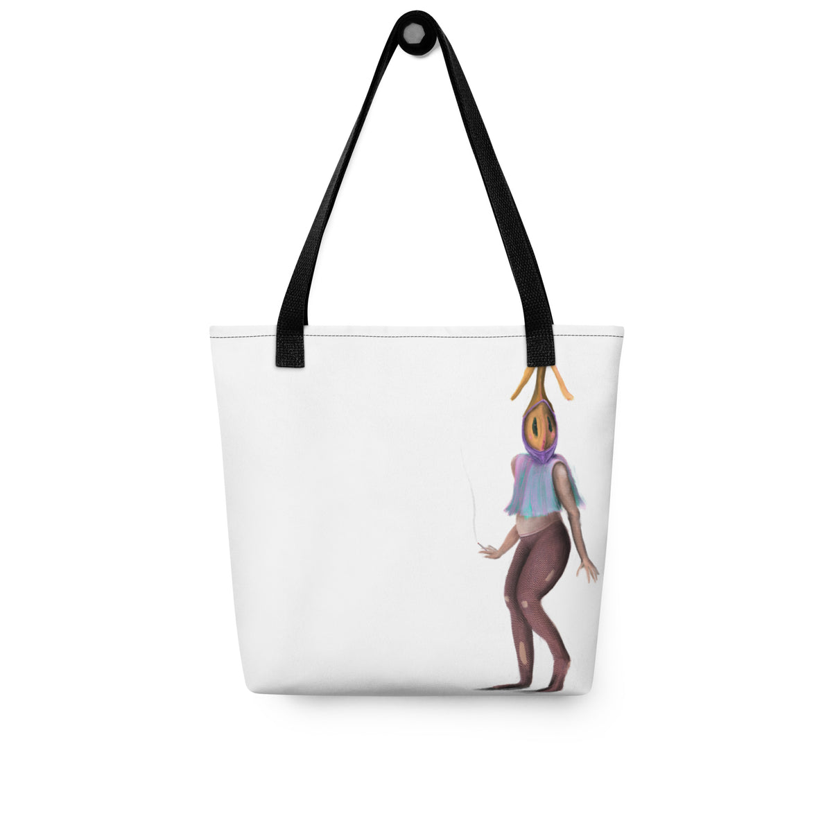 White tote bag laid flat, showing the full front graphic of the smoking sprite figure and black shoulder straps.
