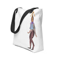 White polyester tote bag featuring an all-over surreal digital painting print of a smoking sprite figure with a tall, slender headpiece and blue shirt standing against a white background.