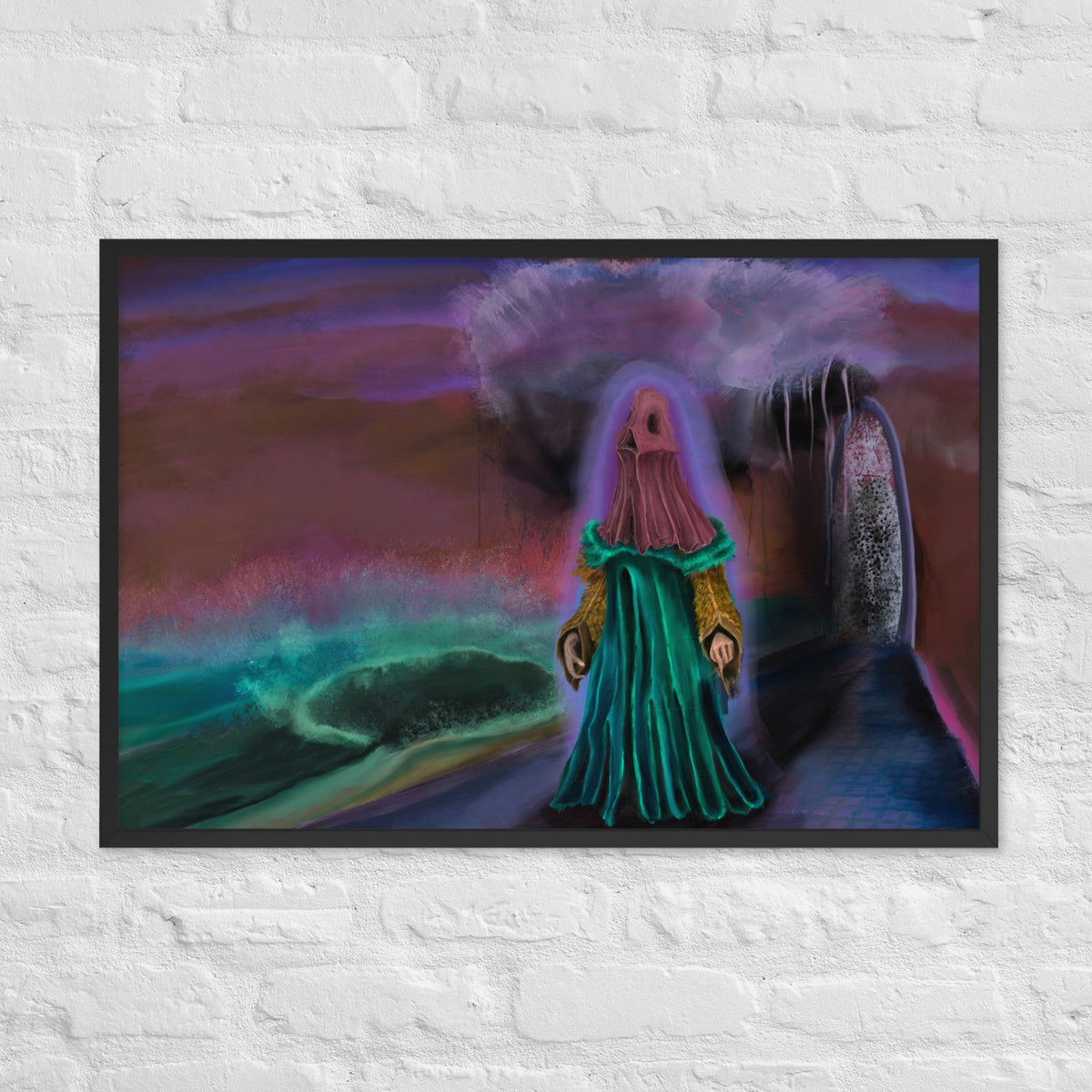 The Keeper Screams by Fish, framed luster print of a draped teal and green creature standing in a glowing landscape with mist rising around it and a dark monolith at its side, hanging on a white brick wall