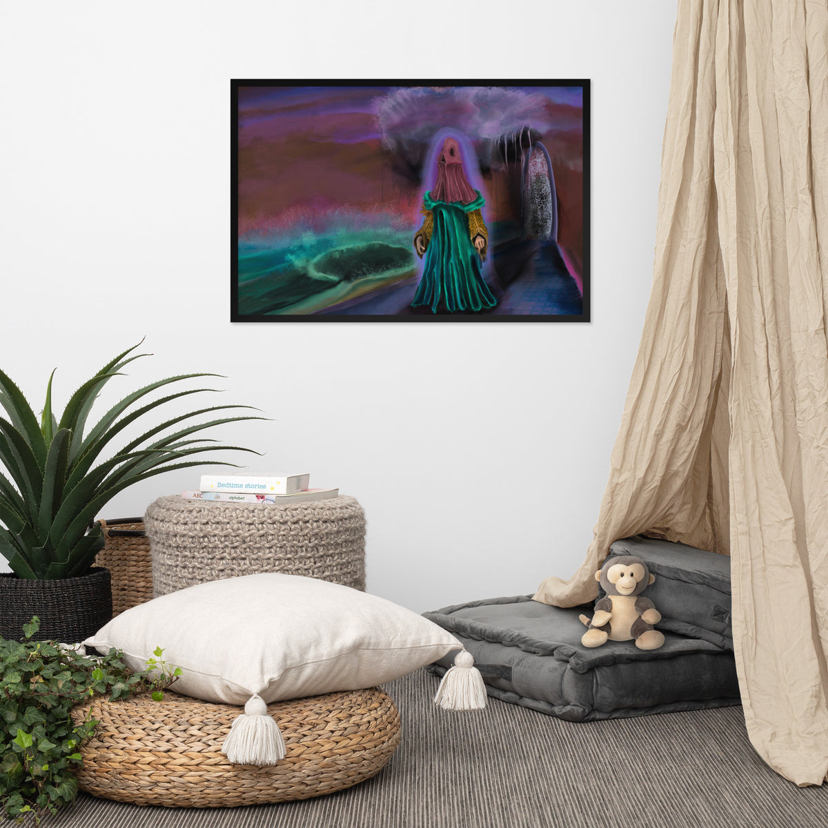 The Keeper Screams framed luster print hanging above a floor cushion, woven basket, and potted plant with a curtain at the edge of the frame