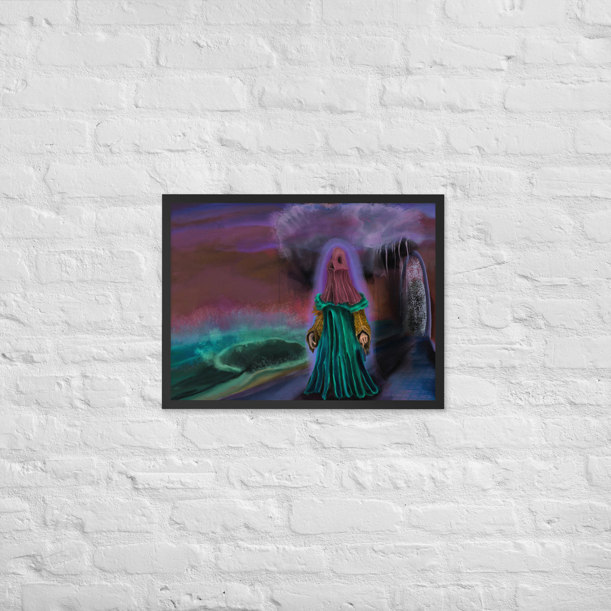 The Keeper Screams framed luster print hanging on a white brick wall, shown wider to give a sense of scale