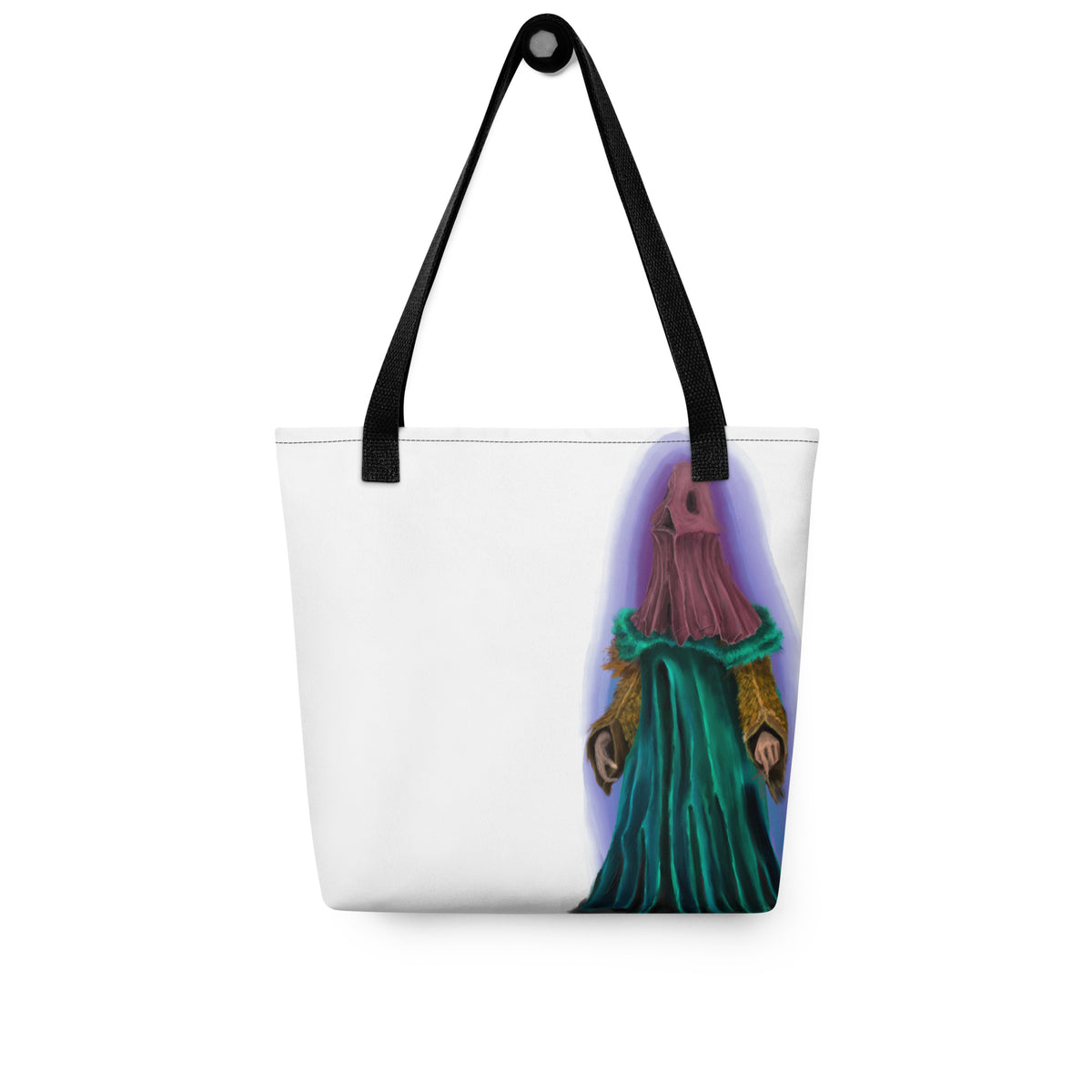 White tote bag laid flat, showing the full front graphic of the robed keeper figure and black shoulder straps.