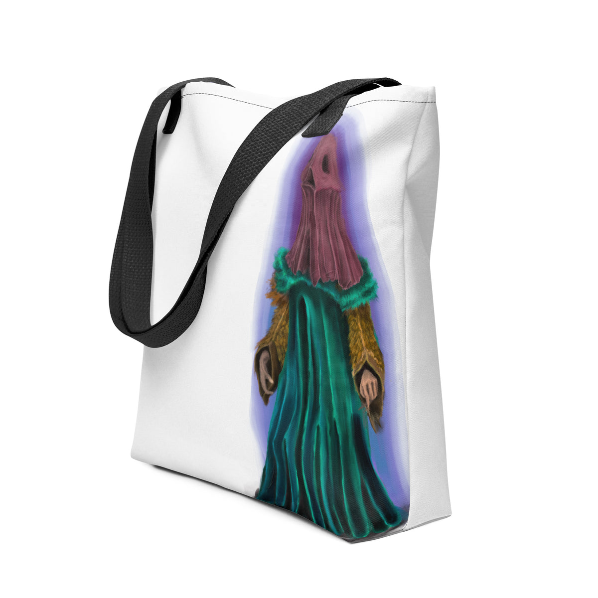 White polyester tote bag featuring an all-over print of a robed, hooded figure with long green robes and a pink-toned headpiece standing against a surreal purple background.