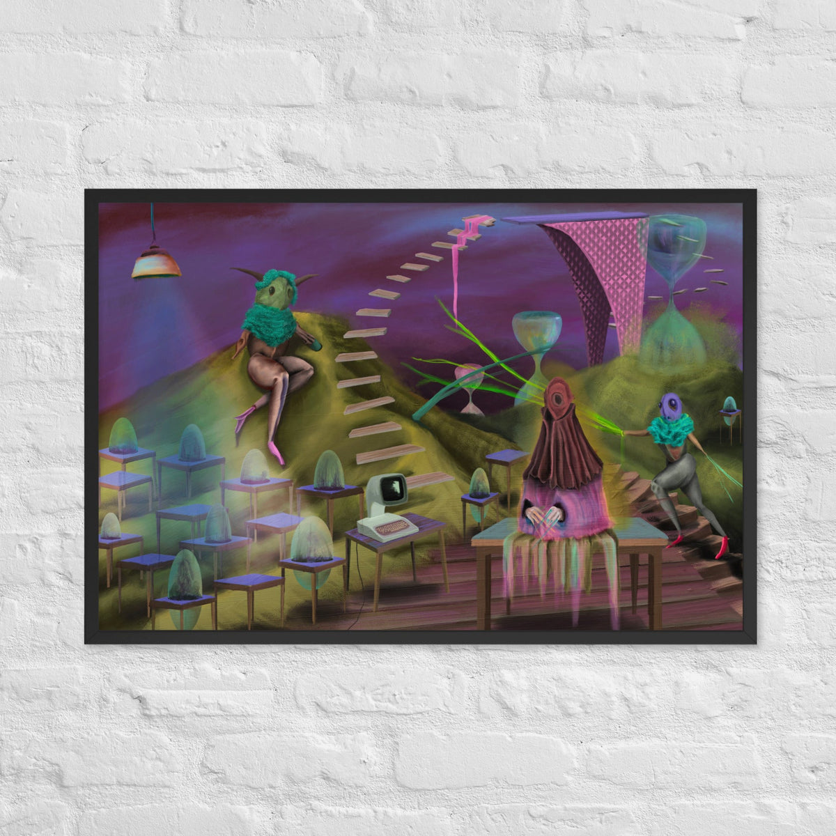 The Keeper’s Time-Share by Fish, framed luster print of a purple and green landscape with a staircase, small sprite creatures gathered around tables, and a tall draped figure beneath a pink arc, hanging on a white brick wall