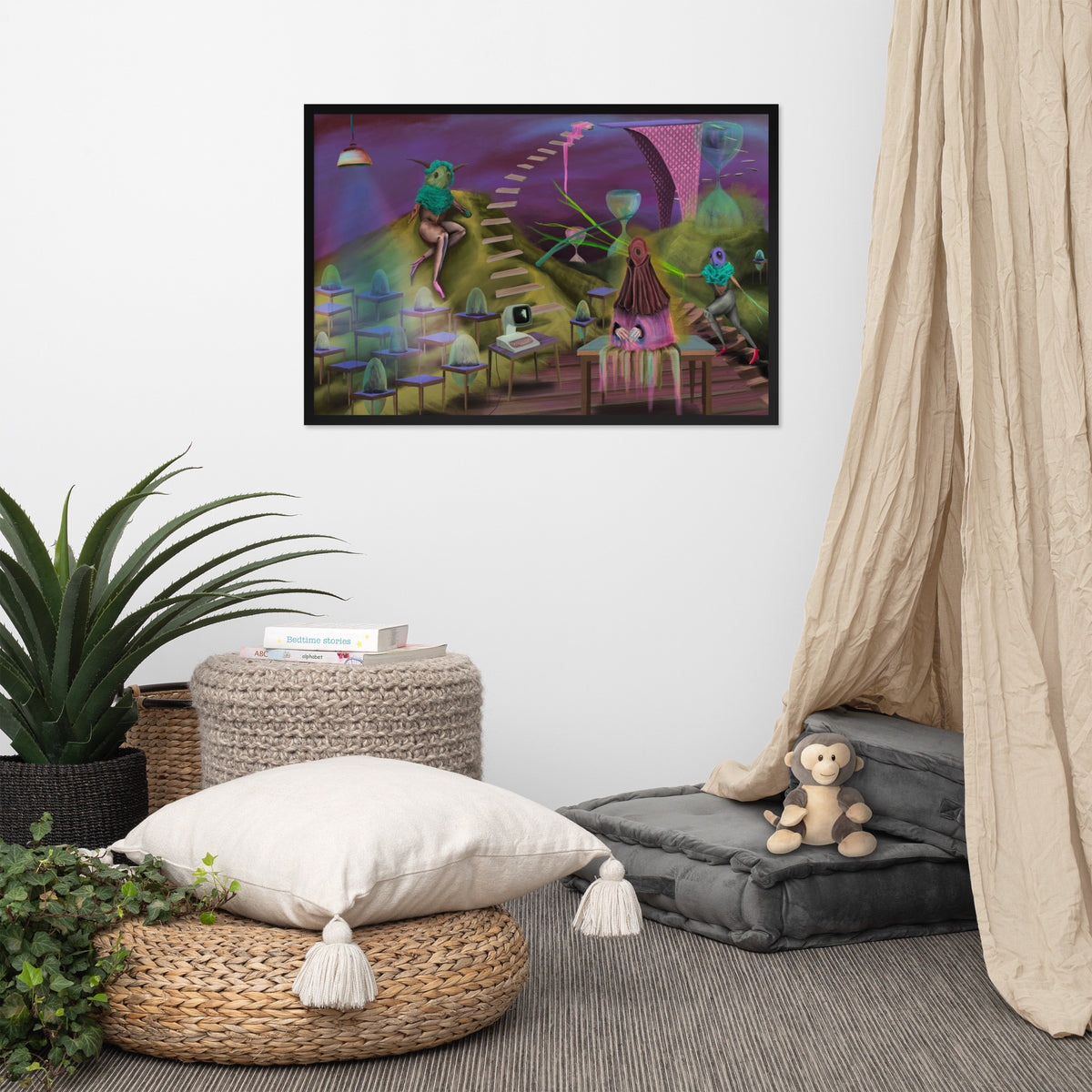 The Keeper’s Time-Share framed luster print hanging above a floor cushion, woven basket, and potted plant with a curtain at the edge of the frame