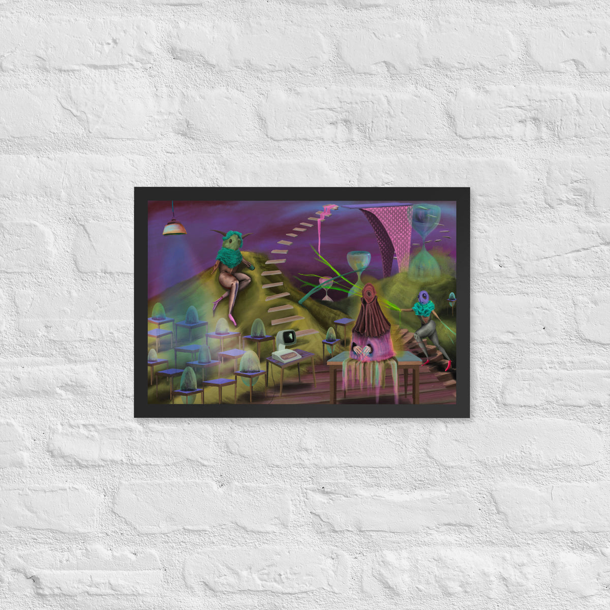 The Keeper’s Time-Share framed luster print hanging alone on a white brick wall