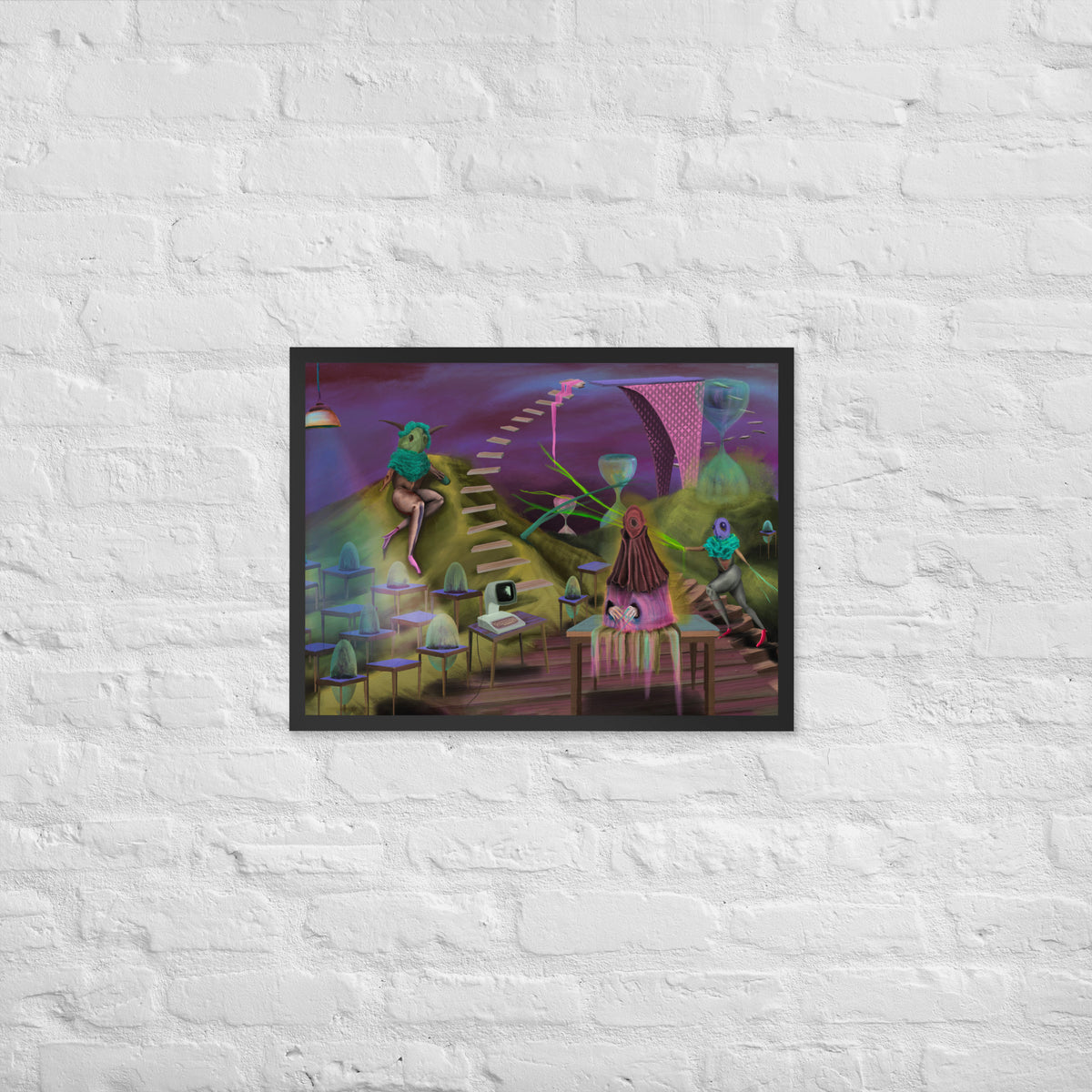 The Keeper’s Time-Share framed luster print hanging on a white brick wall, shown wider to give a sense of scale