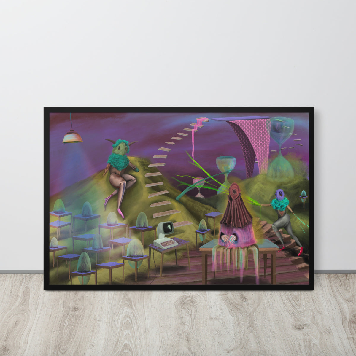The Keeper’s Time-Share framed luster print leaning against a white wall on a light wood floor
