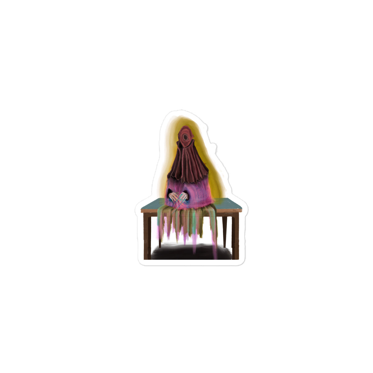 Isolated die-cut vinyl sticker of the seated sprite figure shown on a neutral background.