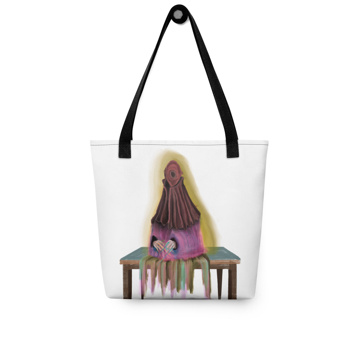 White tote bag laid flat, showing the full front graphic of the seated sprite figure and black shoulder straps.