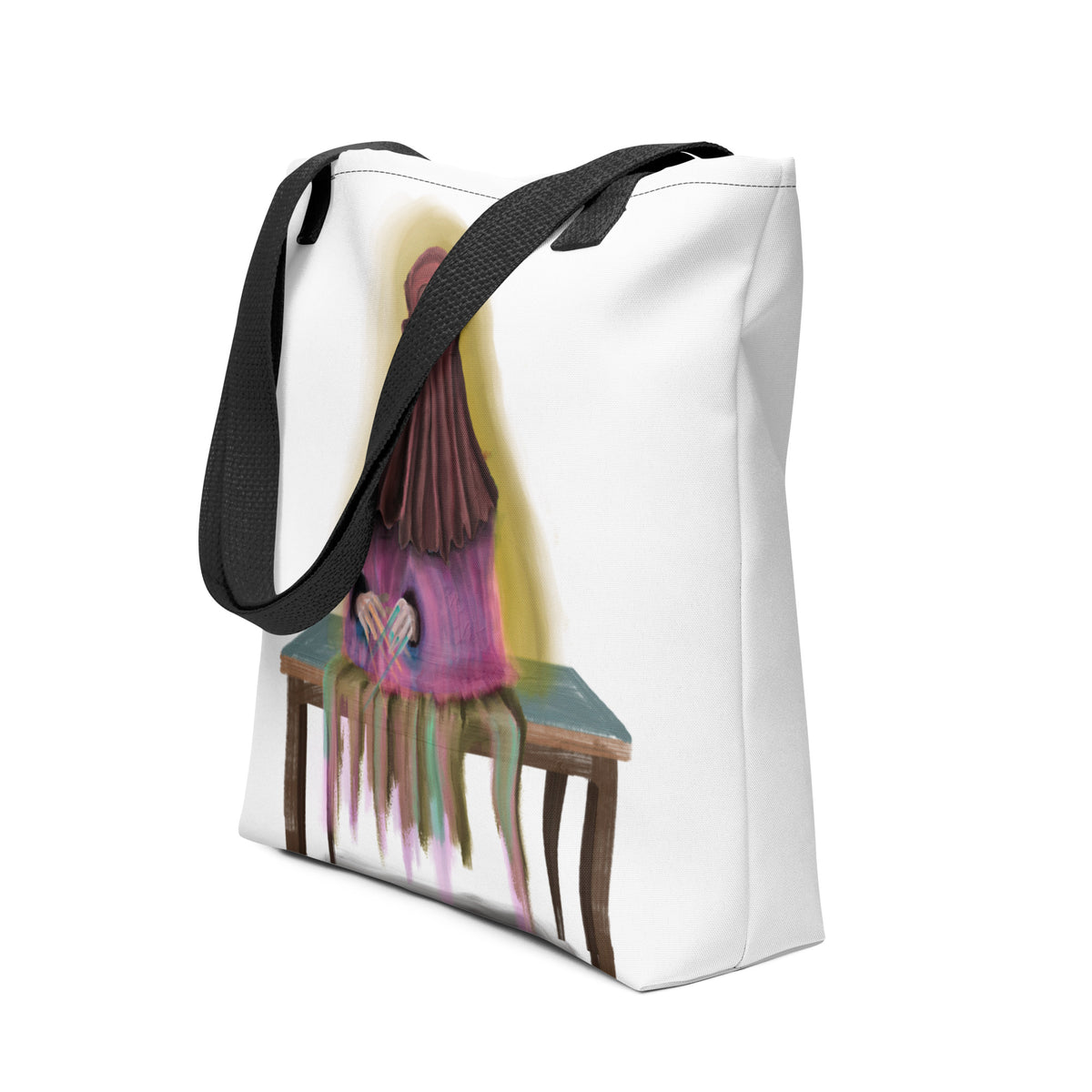 White polyester tote bag featuring an all-over surreal digital painting print of a robed sprite figure seated on a bench holding an object.