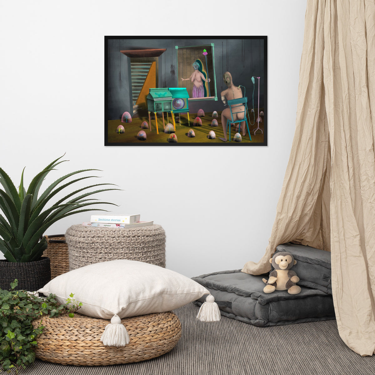 The Sitting Room framed luster print hanging above a floor cushion, woven basket, and potted plant with a curtain at the edge of the frame