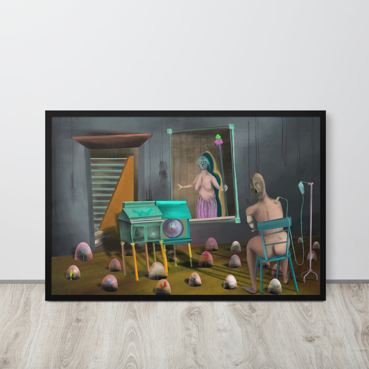 The Sitting Room framed luster print hanging on a white wall above a light wood floor