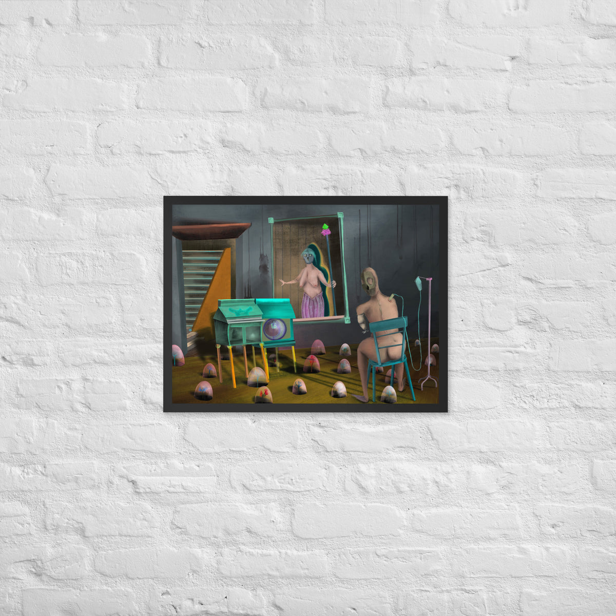The Sitting Room framed luster print hanging on a dark gray wall