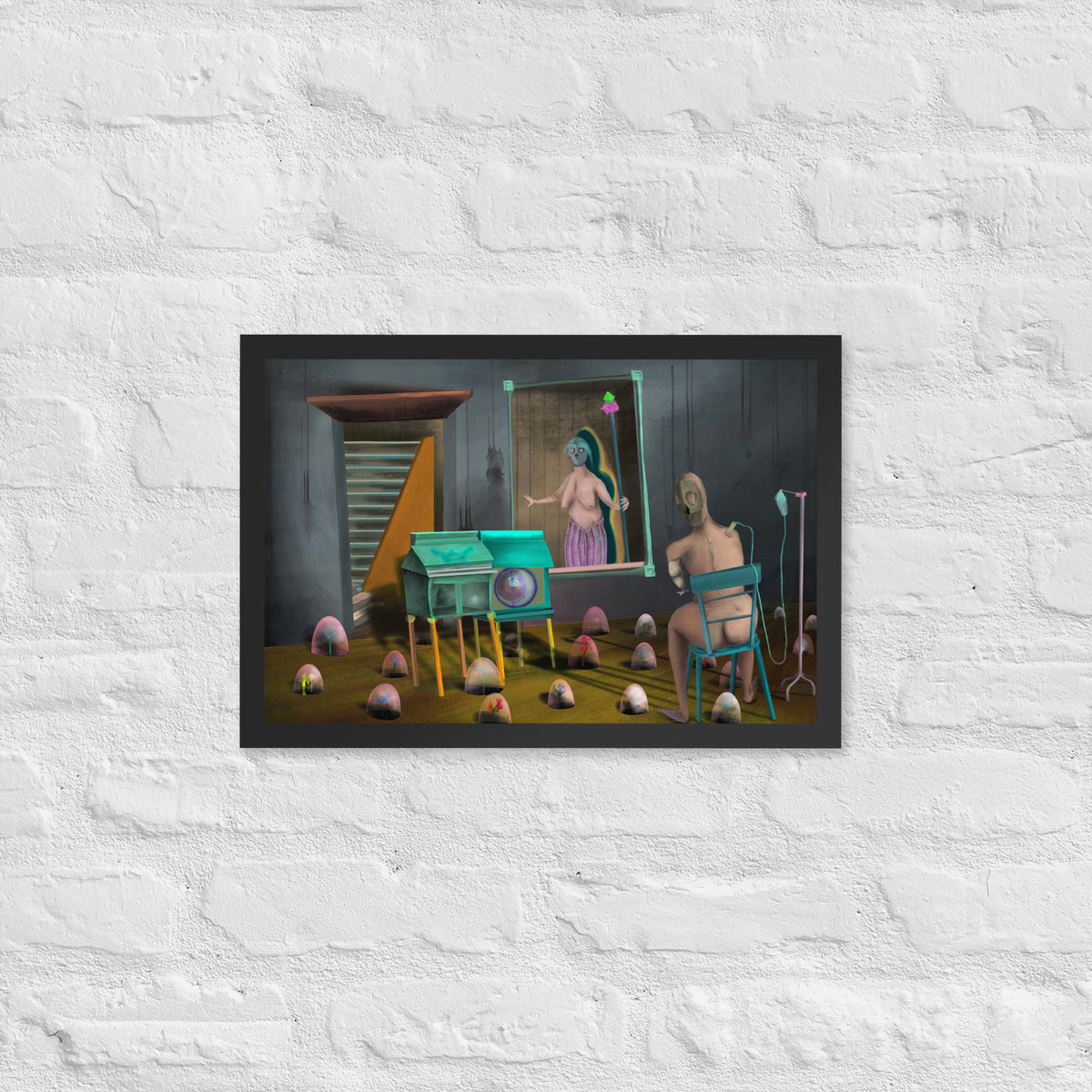 The Sitting Room framed luster print hanging alone on a white brick wall