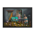 The Sitting Room framed luster print hanging on a white brick wall, shown wider to give a sense of scale